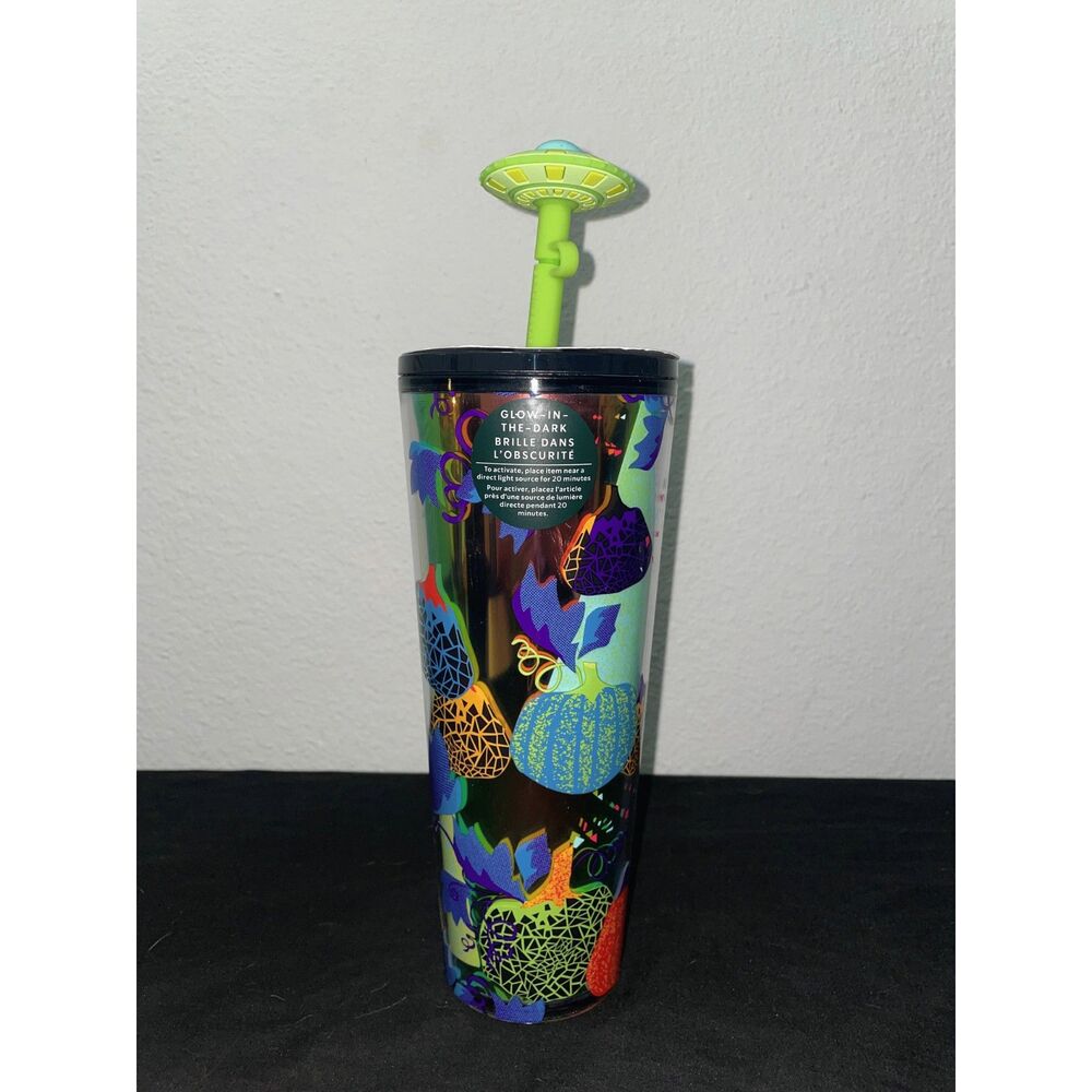 Starbucks Halloween Glow in the Dark UFO Pumpkin Cold Cup 24 oz w/ Straw Topper